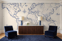 Blue And White World Map Map Mural in a living room
