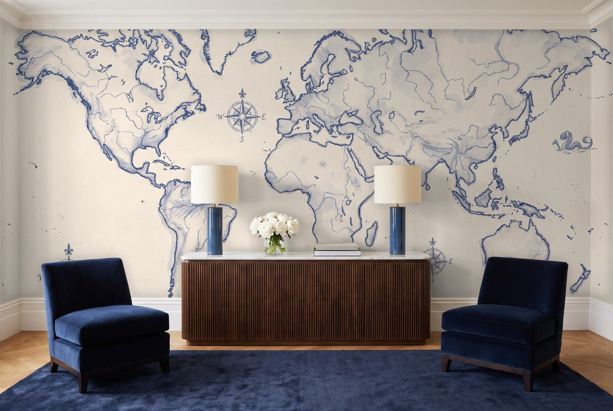 Blue And White World Map Map Mural in a living room