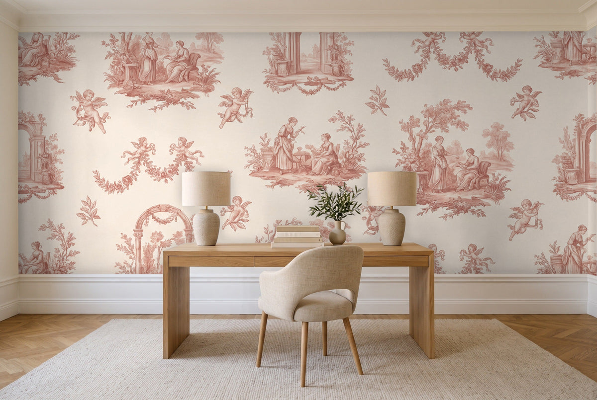 Blush Toile Mural in a home office