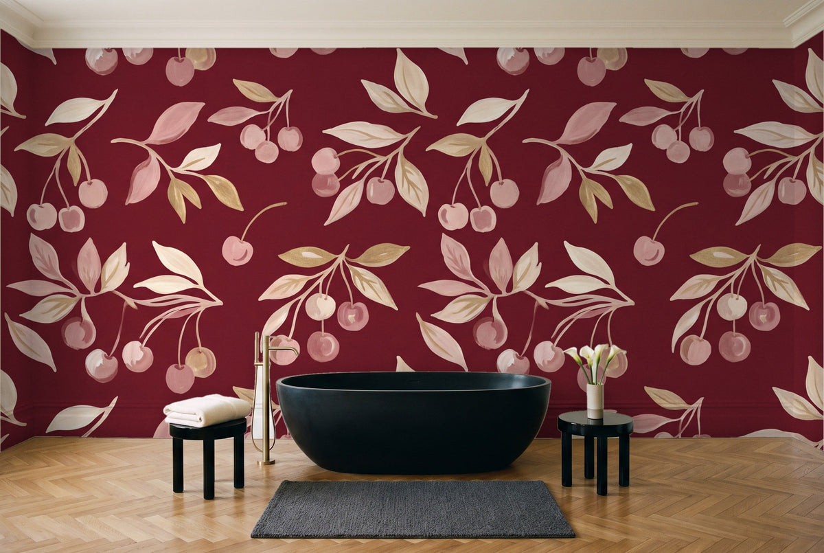 Burgundy Cherry Botanical Mural in a bathroom