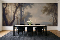 Navy Forest Landscape Mural in a dining room