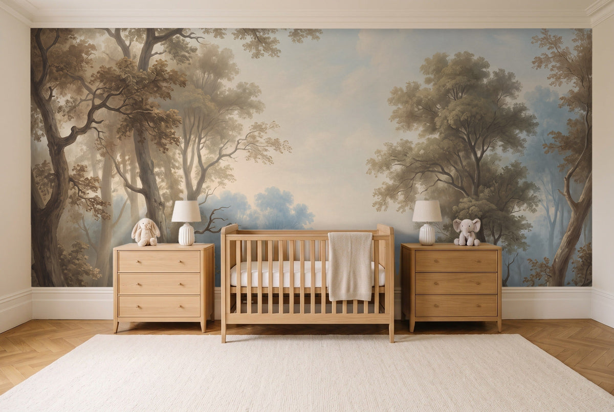 Light Blue Forest Landscape Mural in a nursery