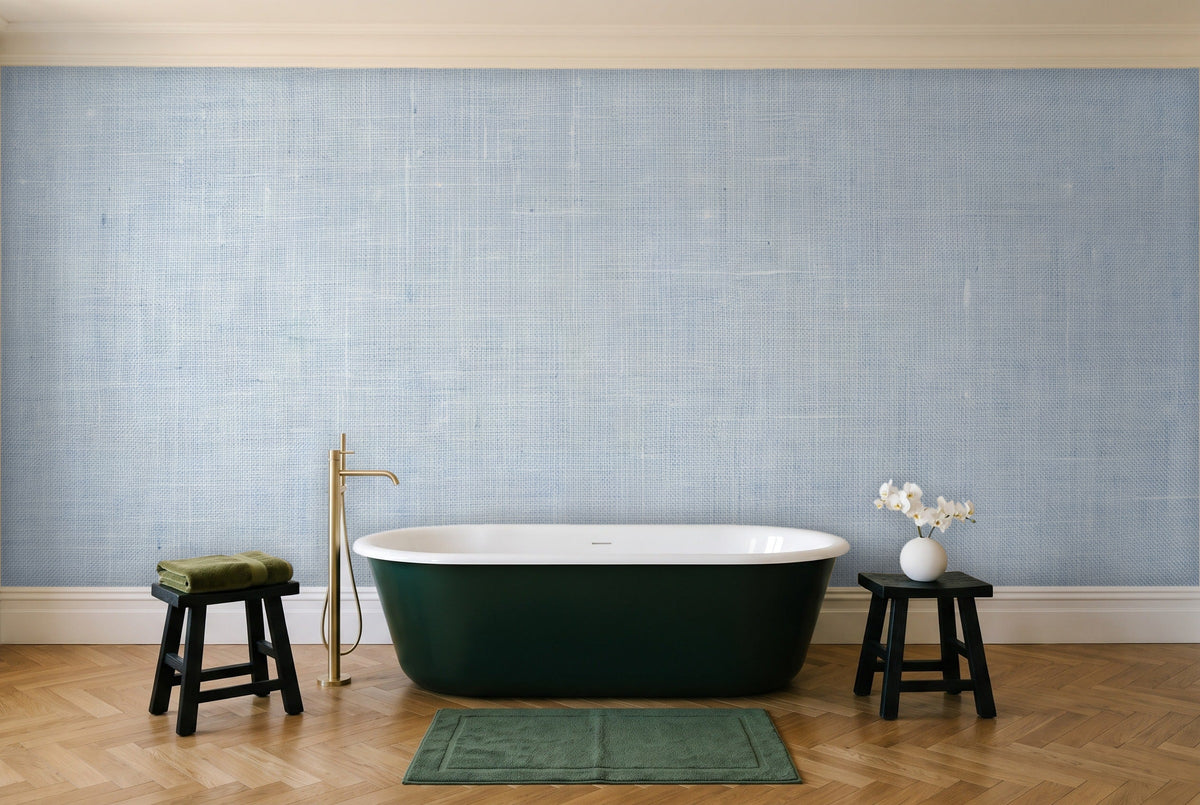 Light Blue Linen Texture Mural in a bathroom