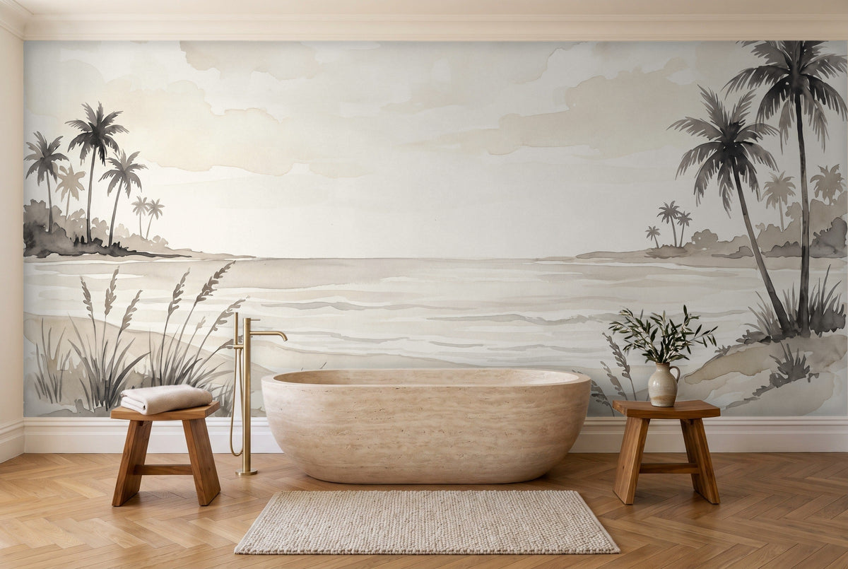 Cream Beach Landscape Mural in a bathroom