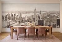 Beige New York Cityscape Mural in a dining room