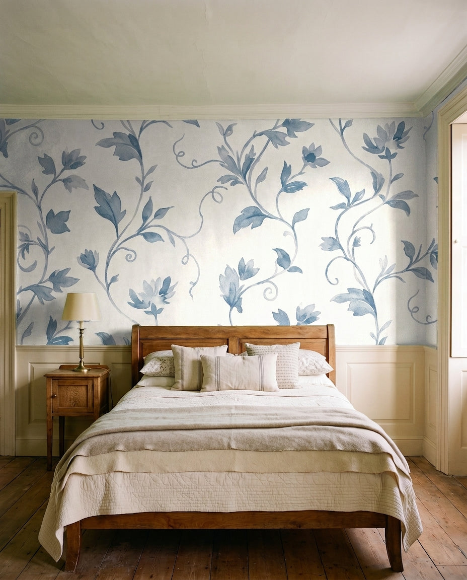Blue-and-grey Vine Botanical Mural on a feature wall