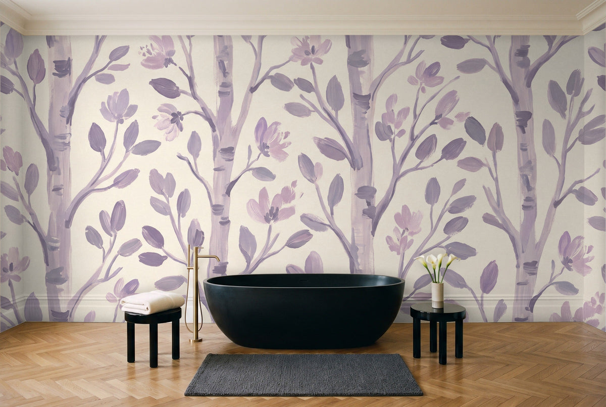 Lilac Birch Botanical Mural in a bathroom
