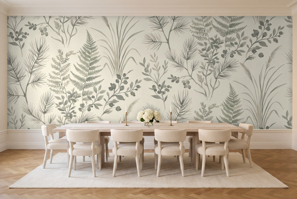 Sage Forest Botanical Mural in a dining room