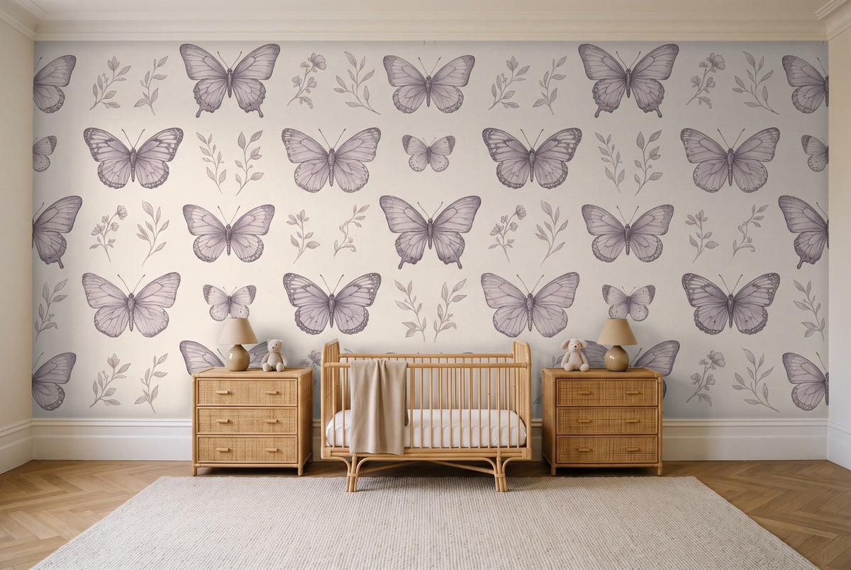 Lilac Butterfly Mural in a nursery