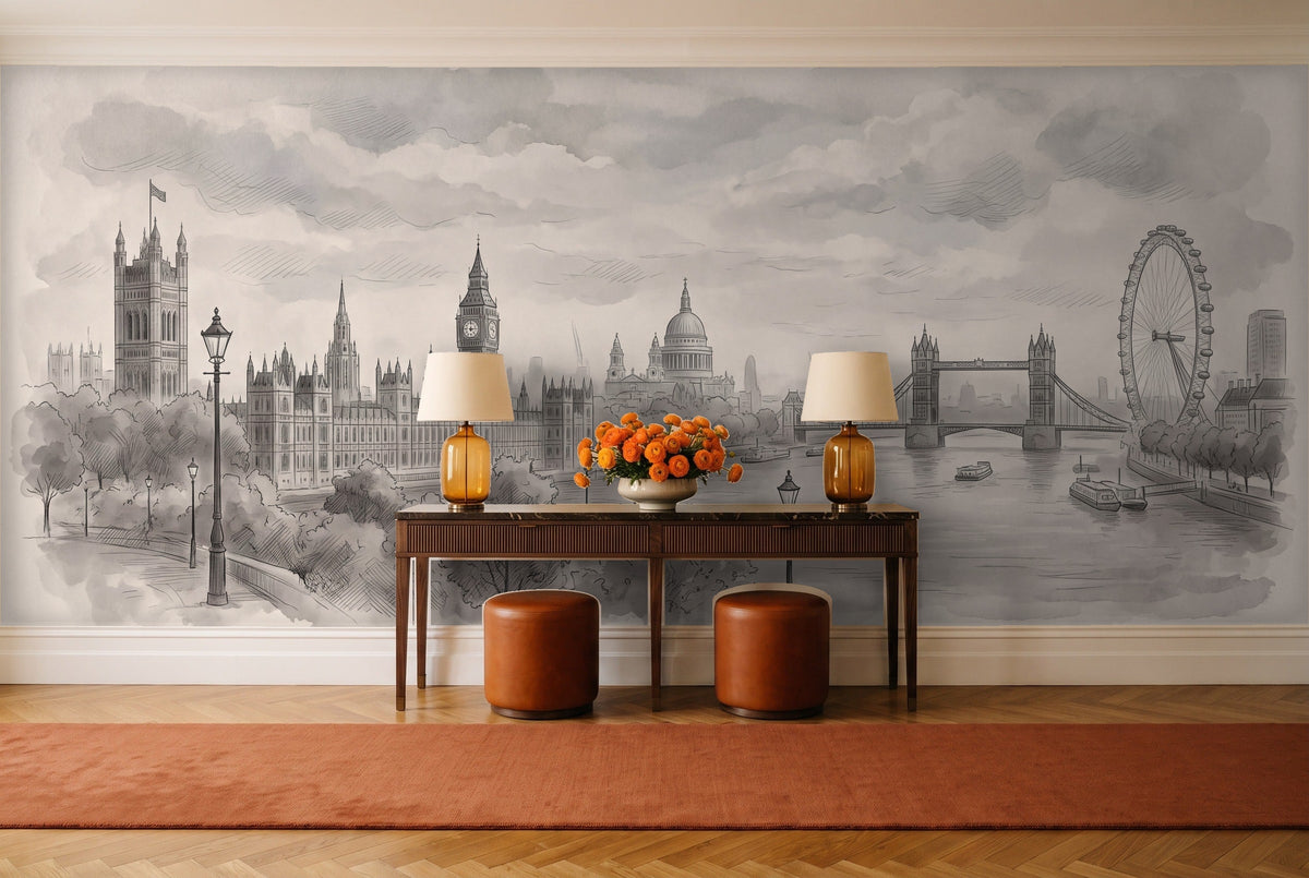 Grey London Cityscape Mural in an entryway