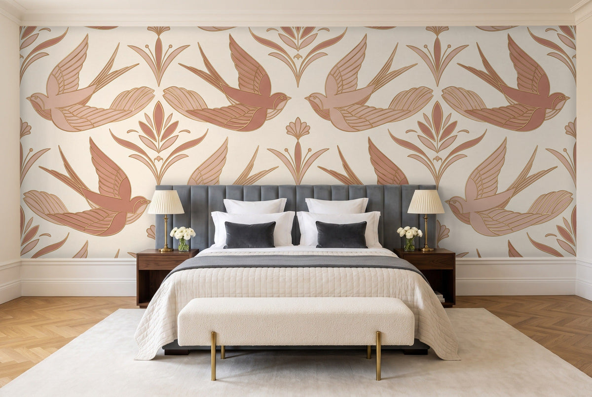 Blush Swallow Animal Mural in a bedroom