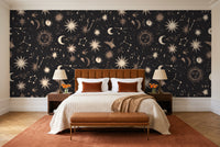 Charcoal Stars Celestial Mural in a bedroom