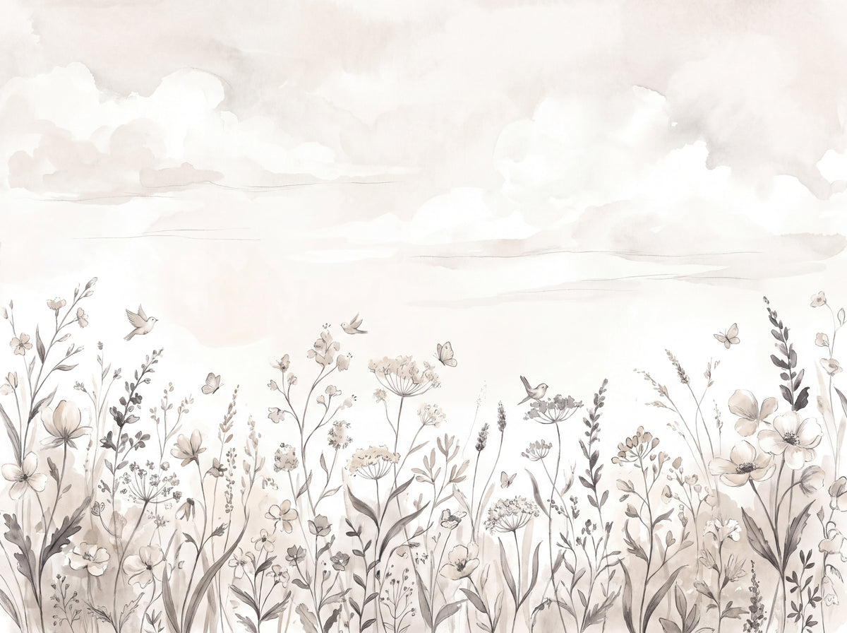 Cream Wildflower Meadow Floral Mural design