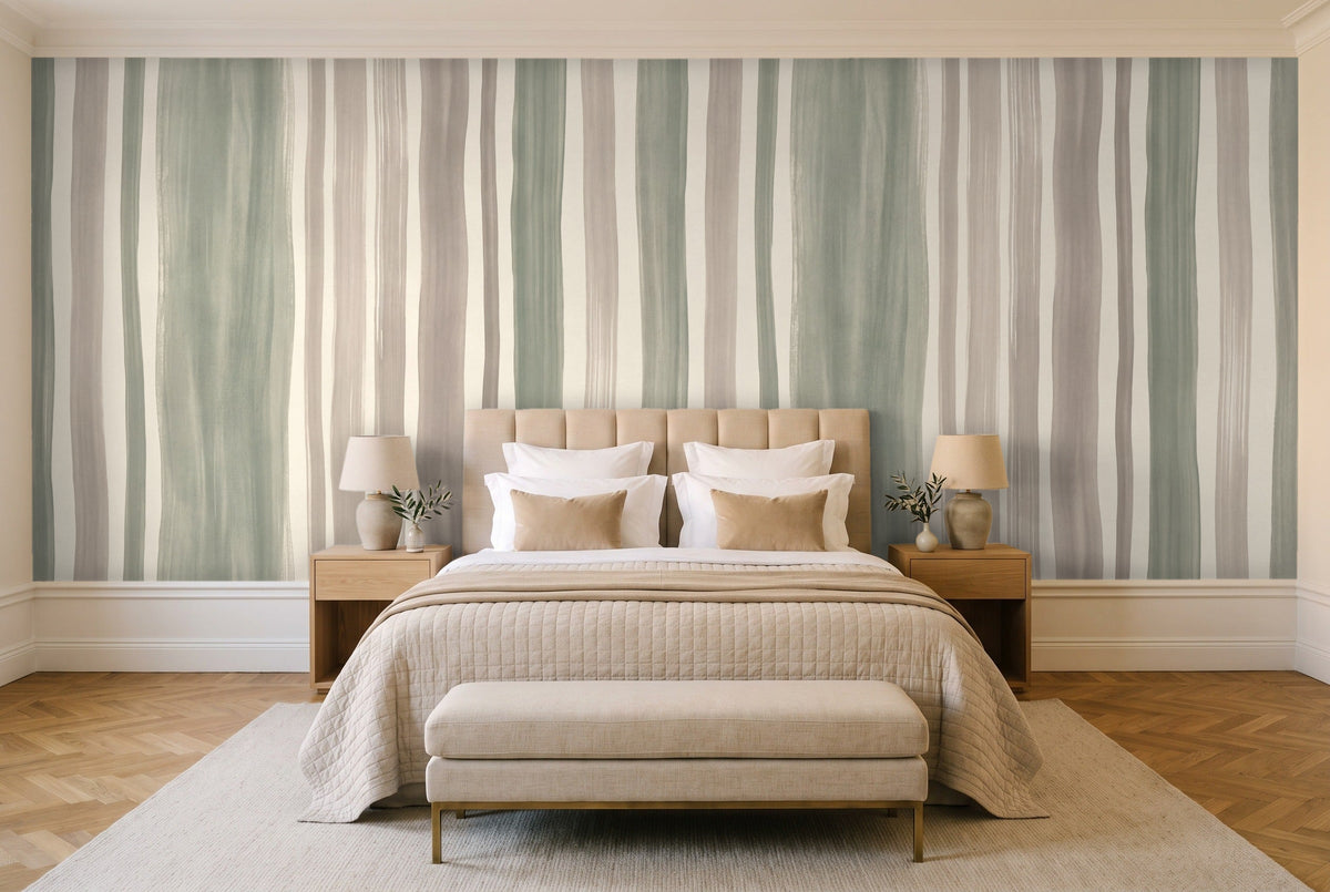 Sage Stripe Mural in a bedroom