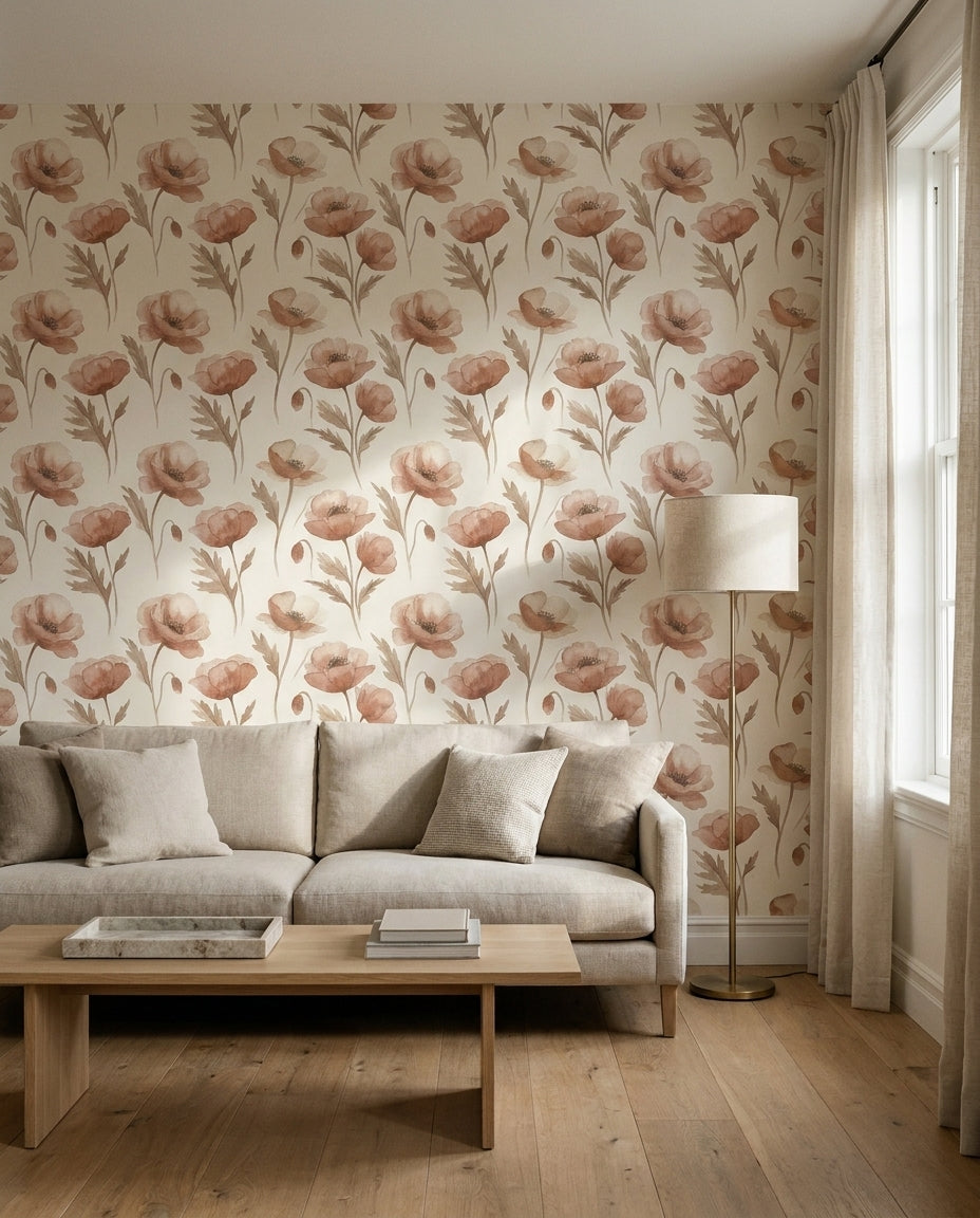 Blush Poppy Floral Mural on a feature wall