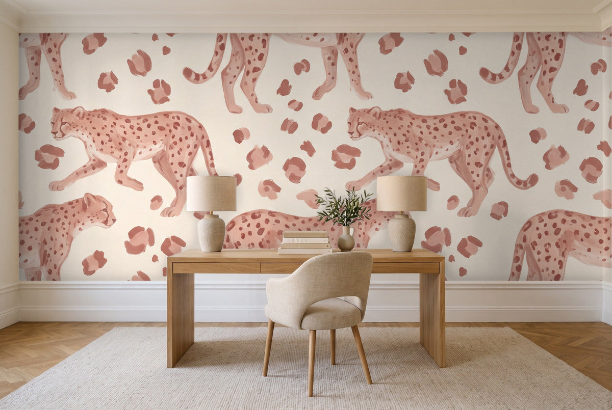 Blush Cheetah Animal Mural in a home office