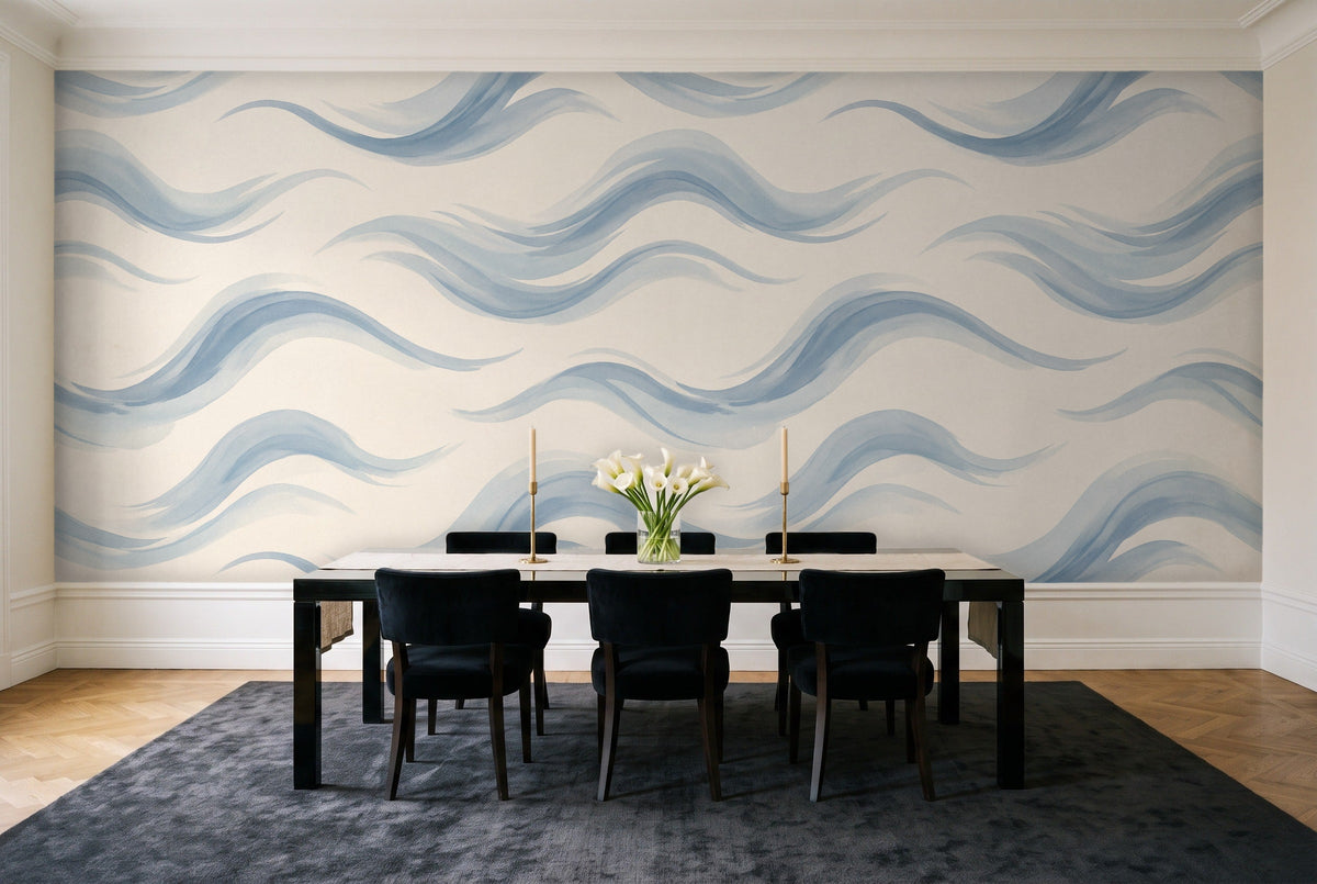 Light Blue Wave Abstract Mural in a dining room