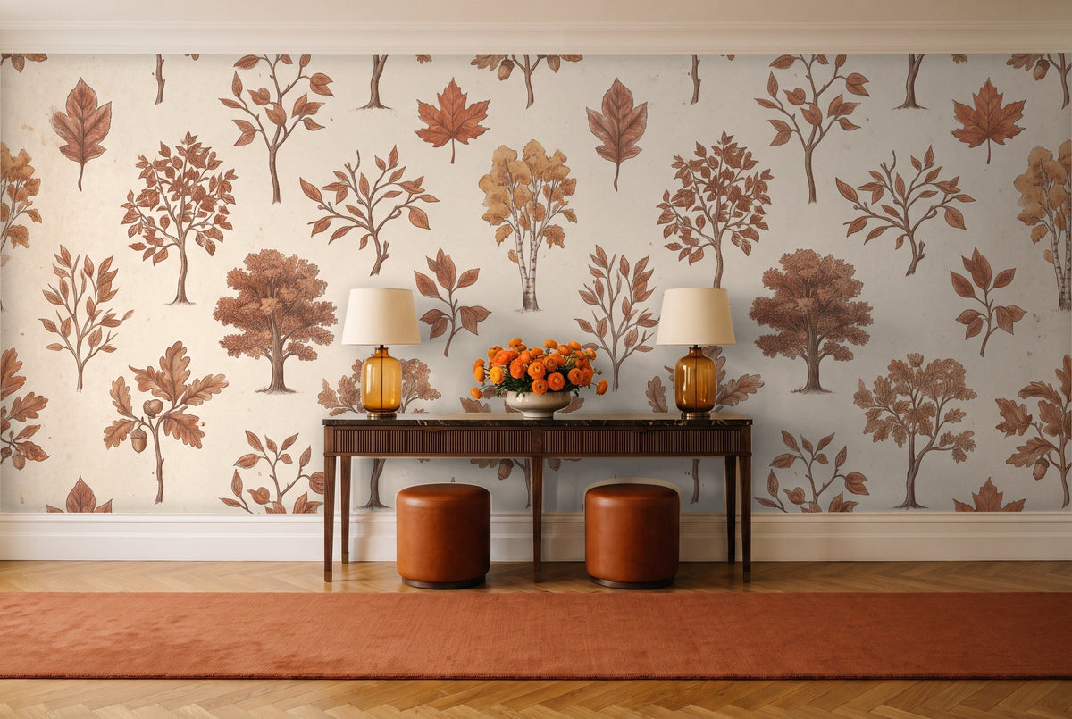 Terracotta Tree Botanical Mural in an entryway