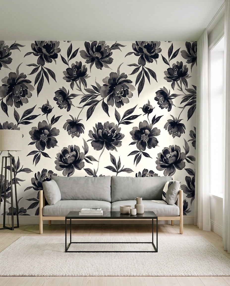 Black-and-white Peony Floral Mural on a feature wall