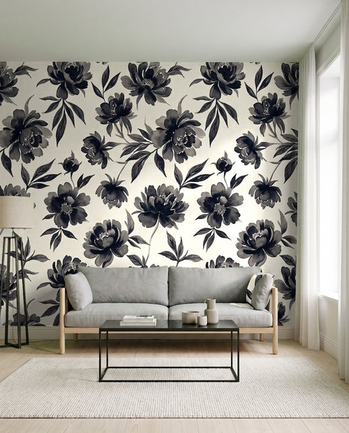 Black-and-white Peony Floral Mural on a feature wall