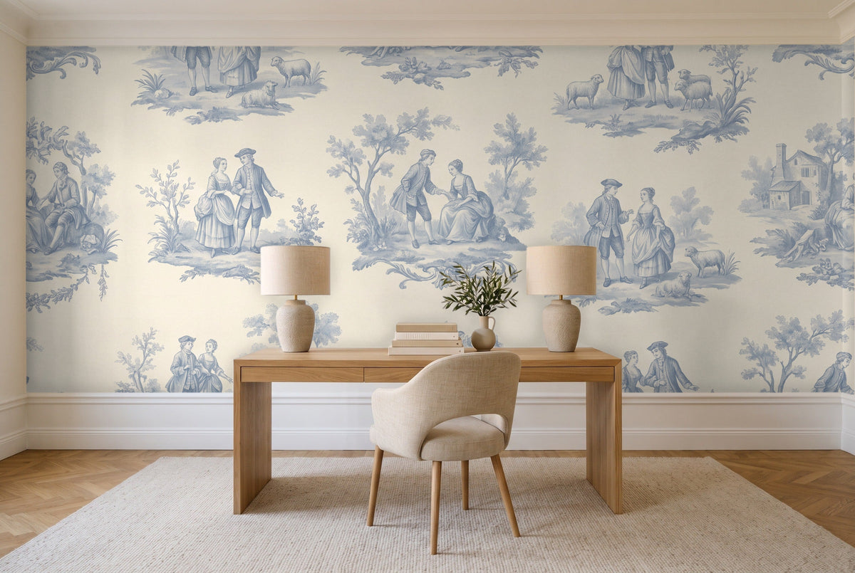 Light Blue Toile Mural in a home office