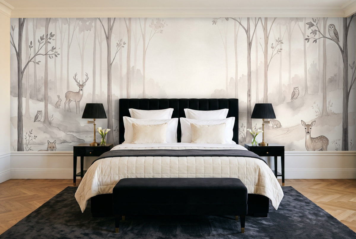 Cream Woodland Animals Landscape Mural in a bedroom