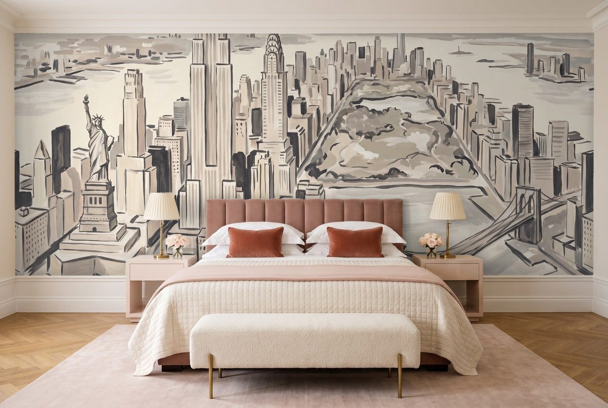 Cream New York Cityscape Mural in a bedroom