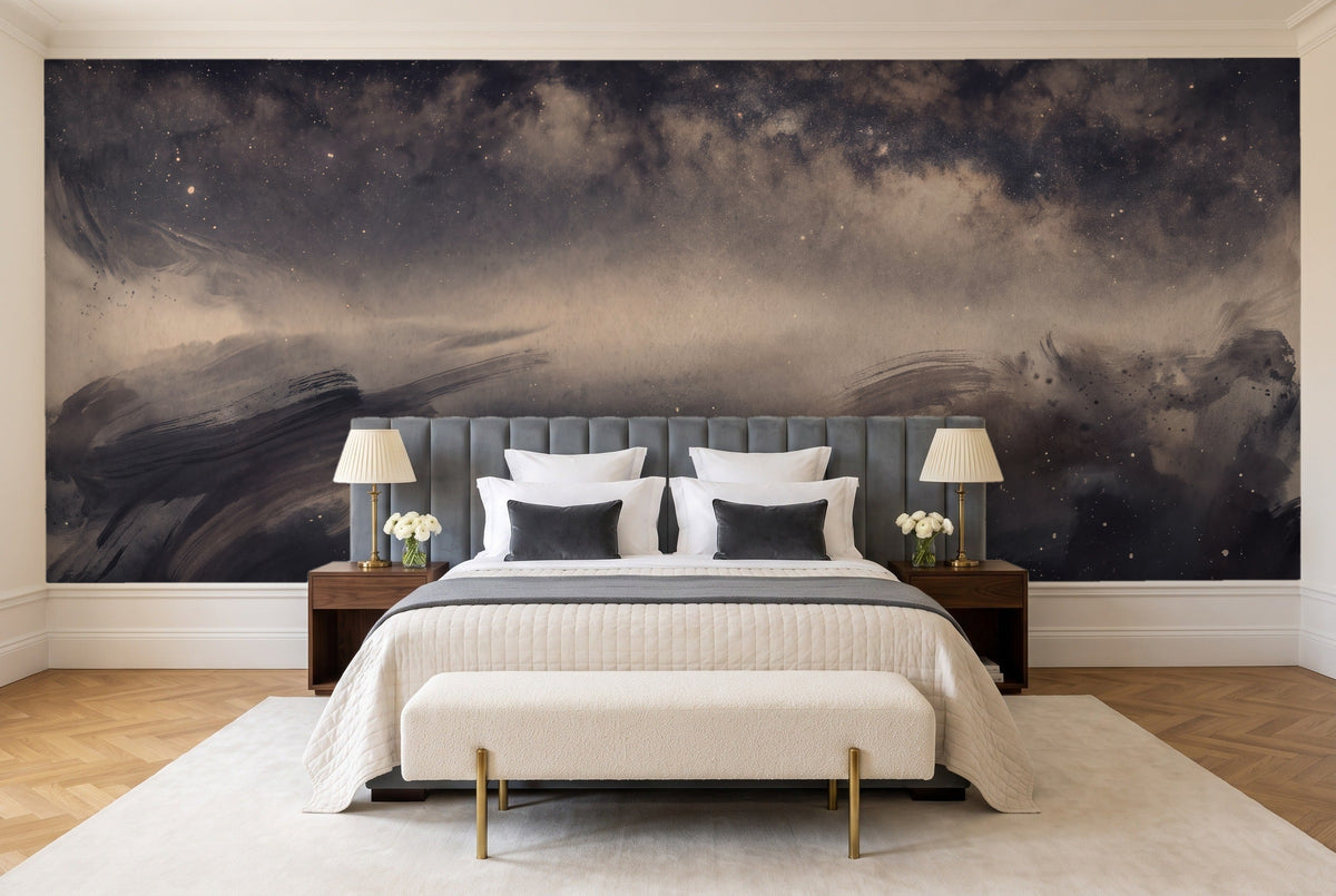 Black Galaxy Celestial Mural in a bedroom
