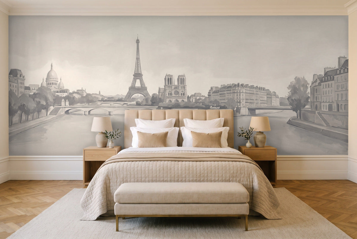 Grey Paris Cityscape Mural in a bedroom