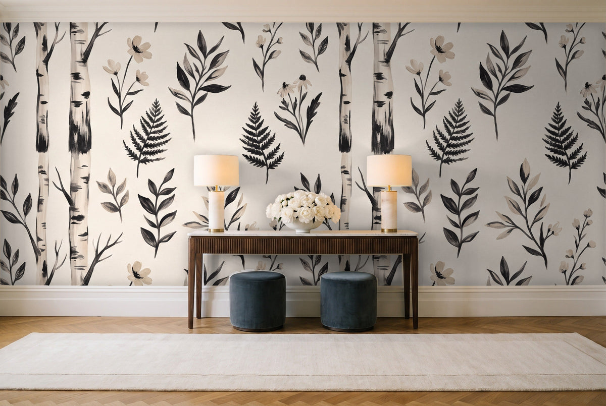 Black And White Birch Botanical Mural in an entryway