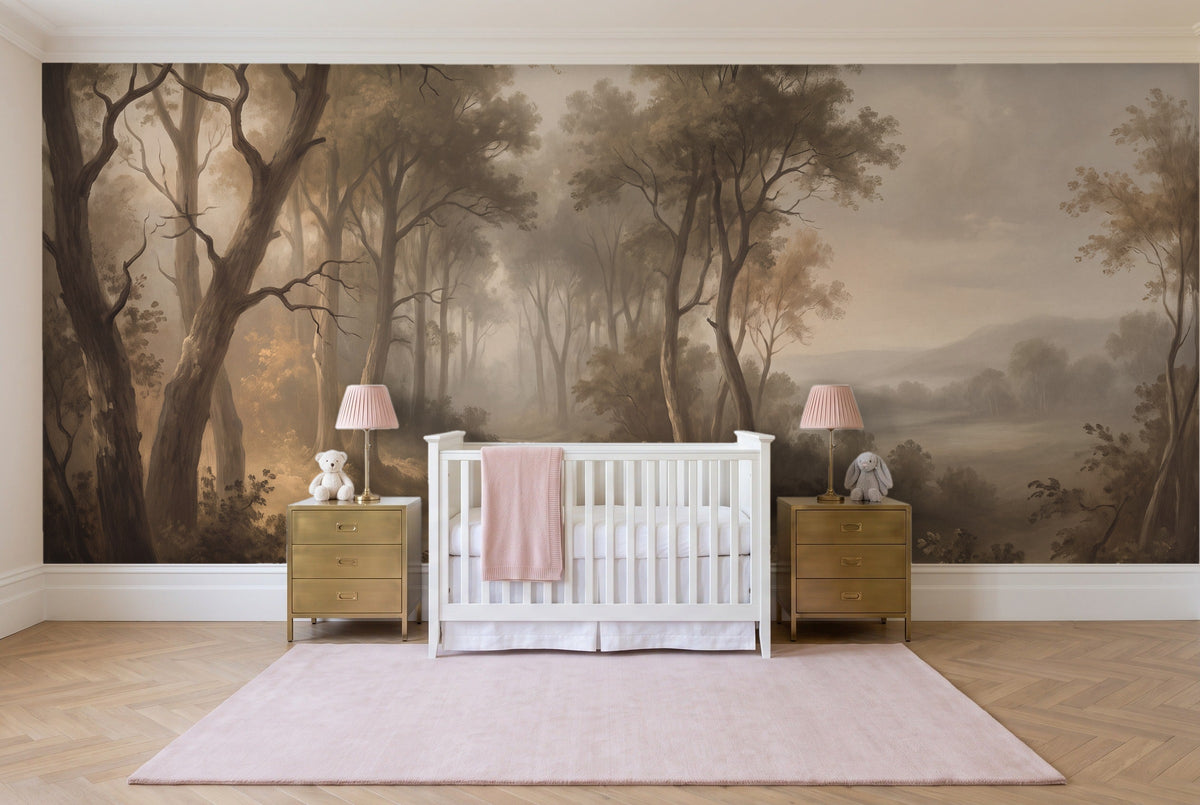 Beige Forest Landscape Mural in a nursery