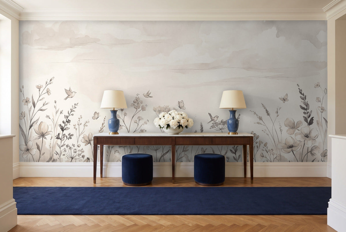 Cream Wildflower Meadow Floral Mural in an entryway