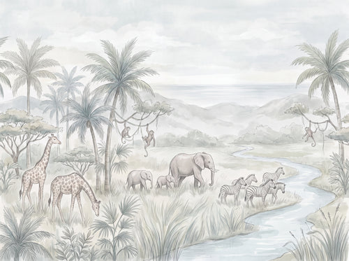 Sage Jungle Animals Landscape Mural sample on the real paper