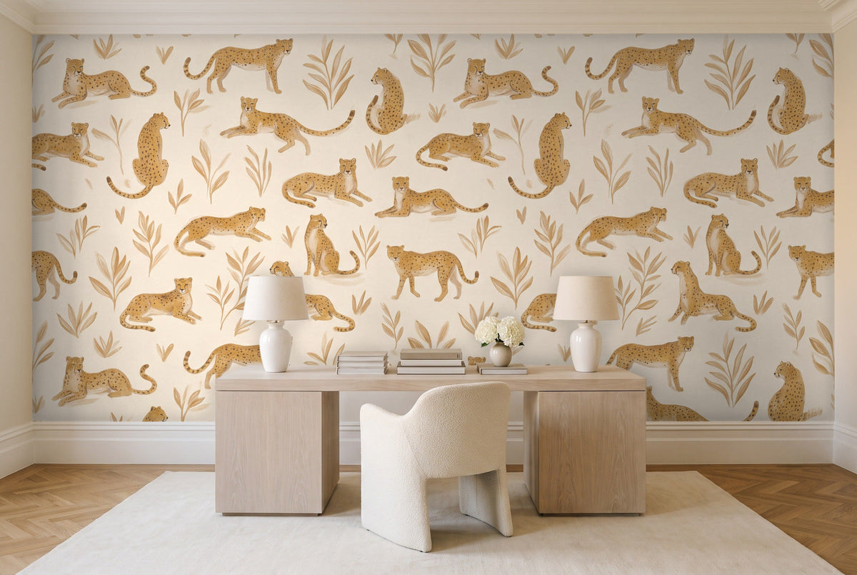Ochre Cheetah Animal Mural in a home office