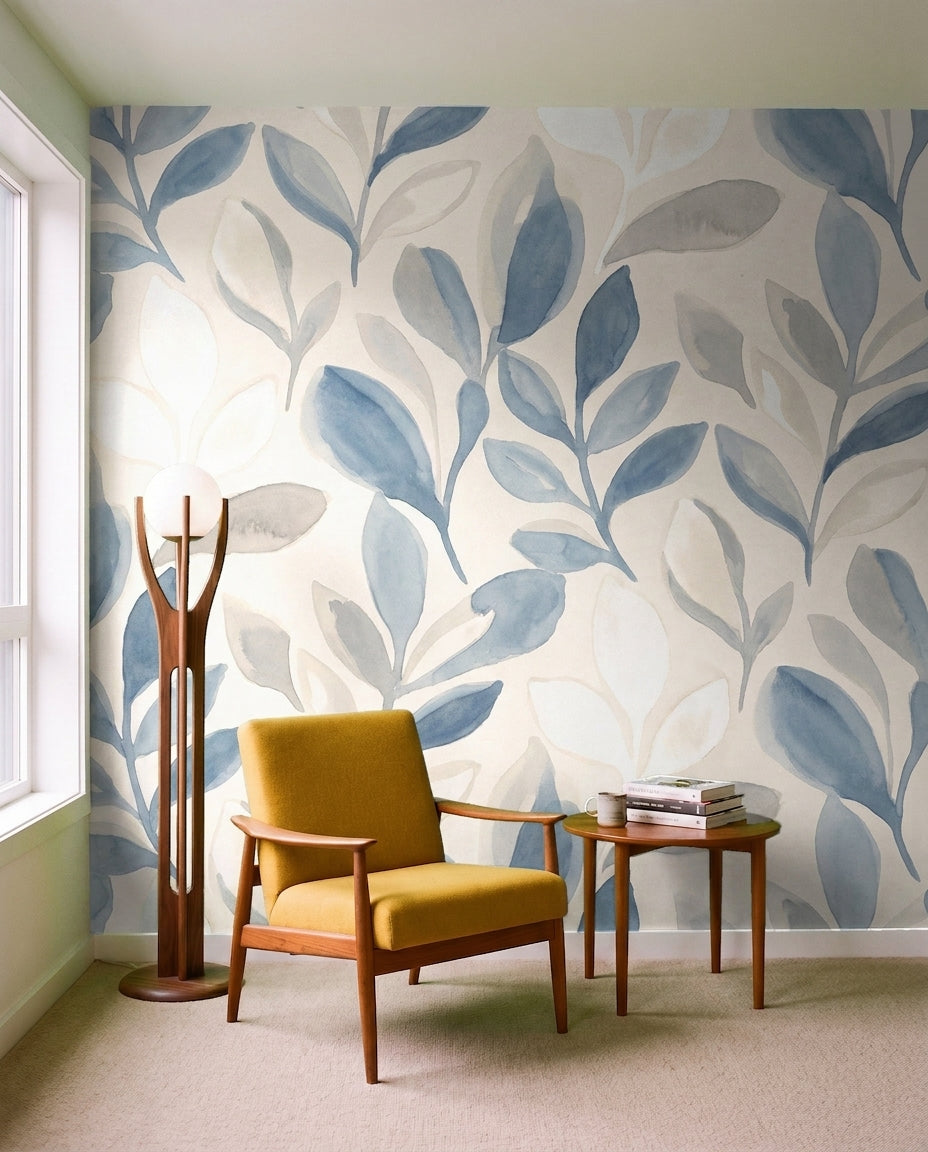 Blue-and-grey Leaf Botanical Mural in an interior
