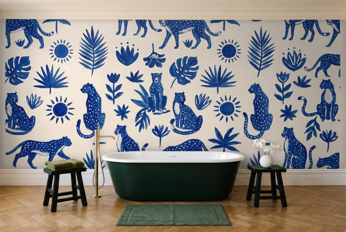 Blue And White Cheetah Animal Mural in a bathroom