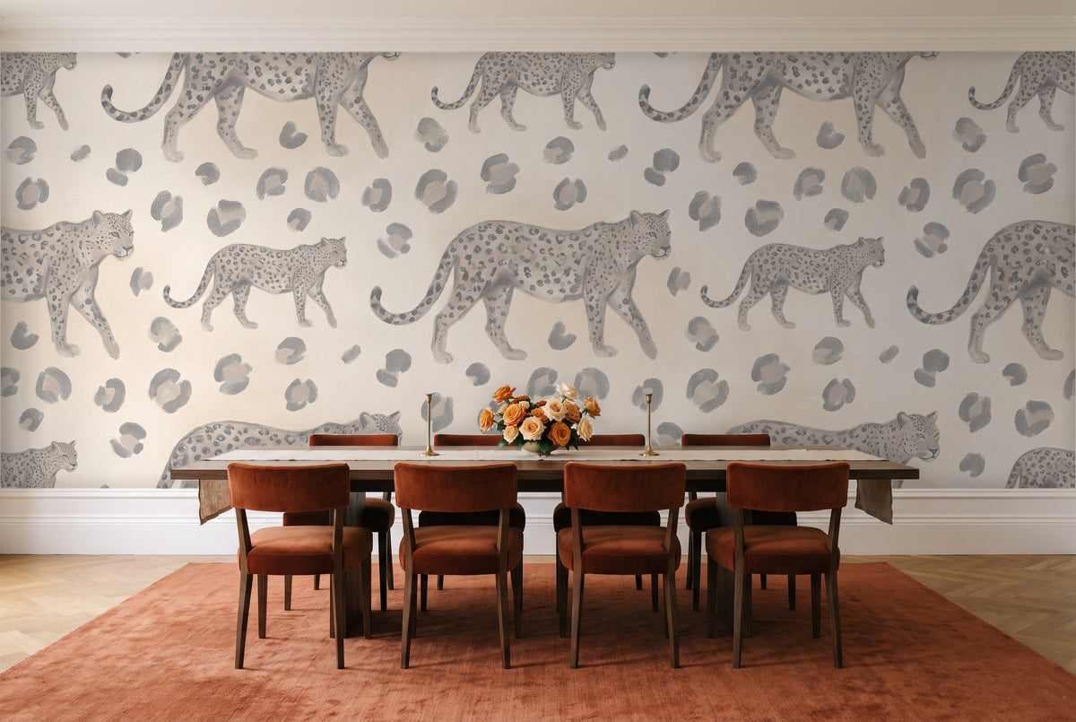 Grey Leopard Animal Mural in a dining room