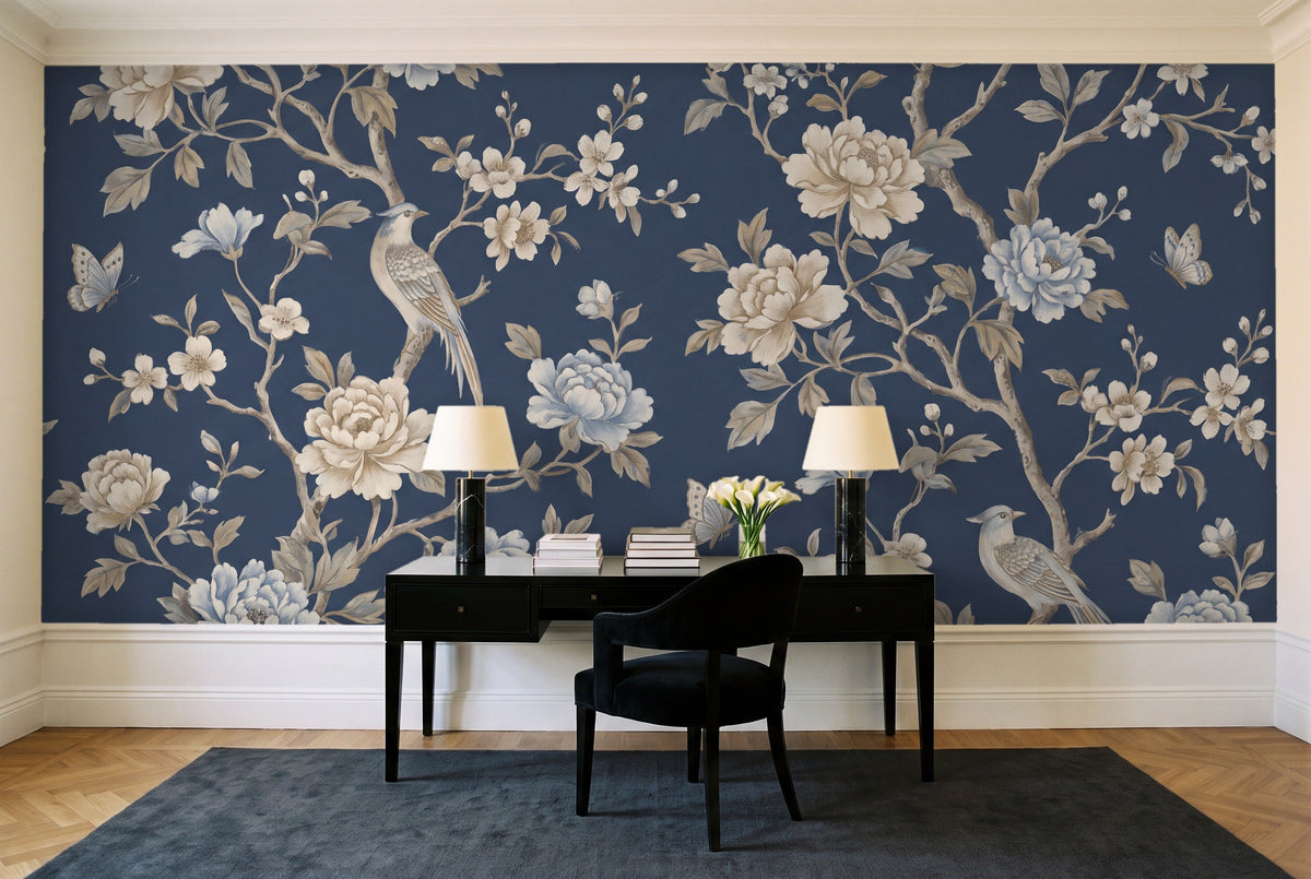Navy Peony Floral Mural in a home office