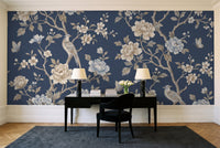Navy Peony Floral Mural in a home office