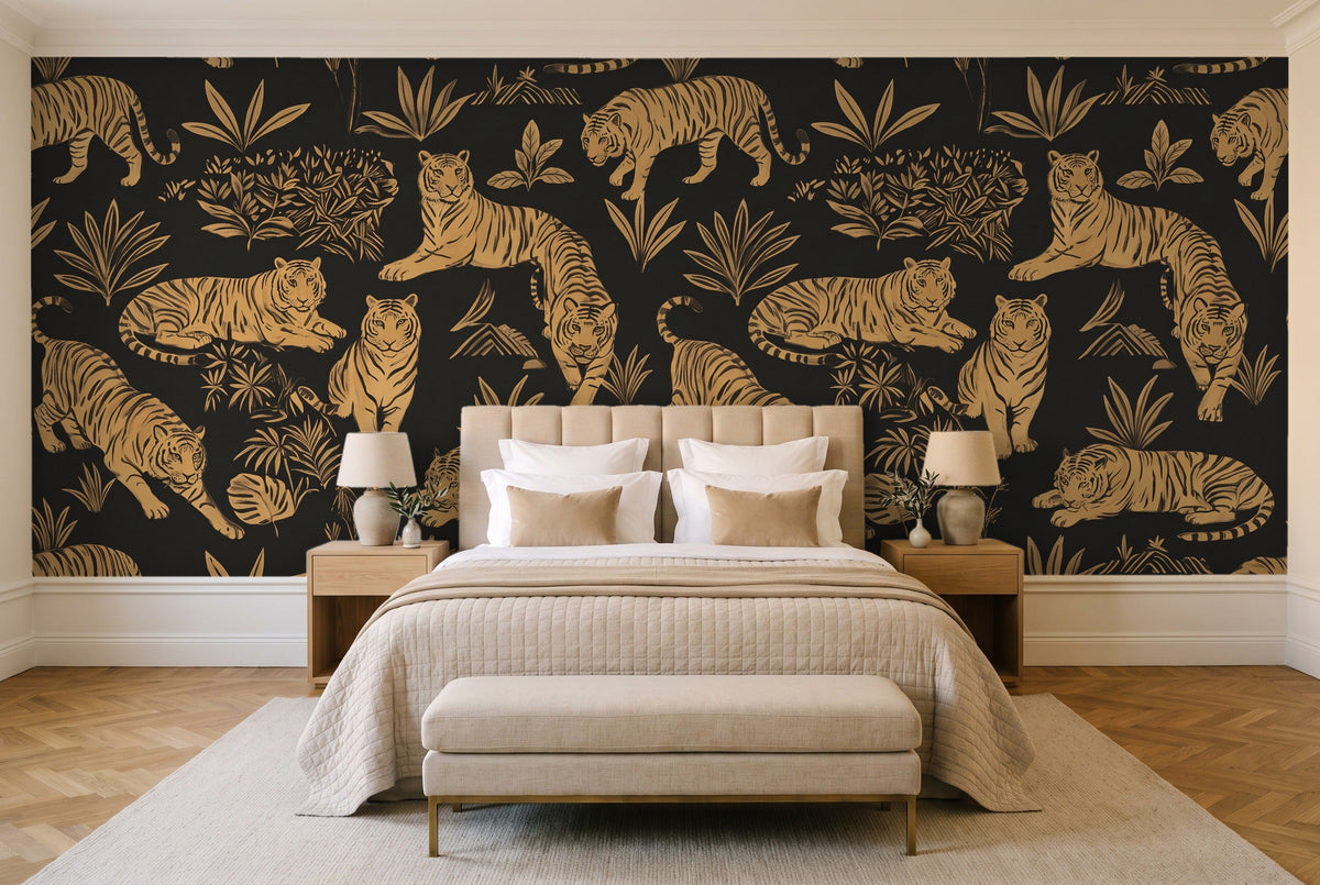 Black And Gold Tiger Animal Mural in a bedroom