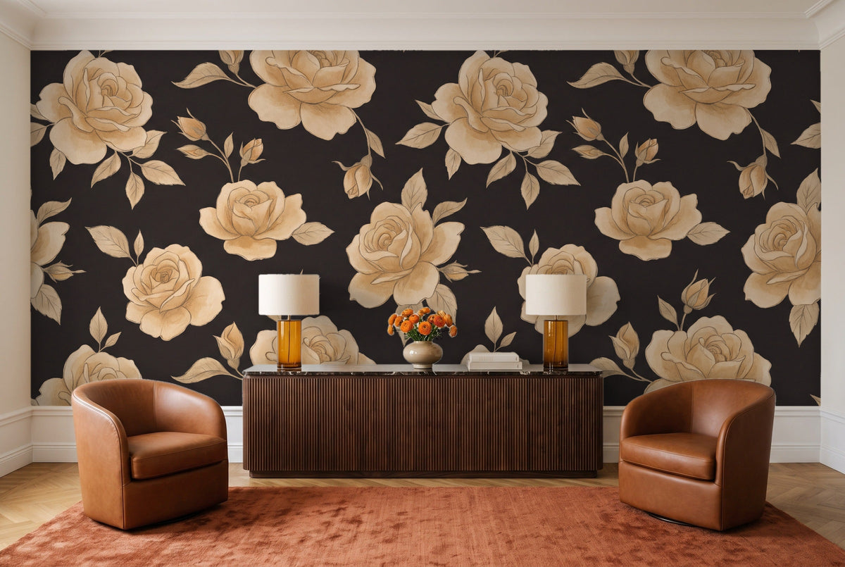 Black And Gold Rose Floral Mural in a living room