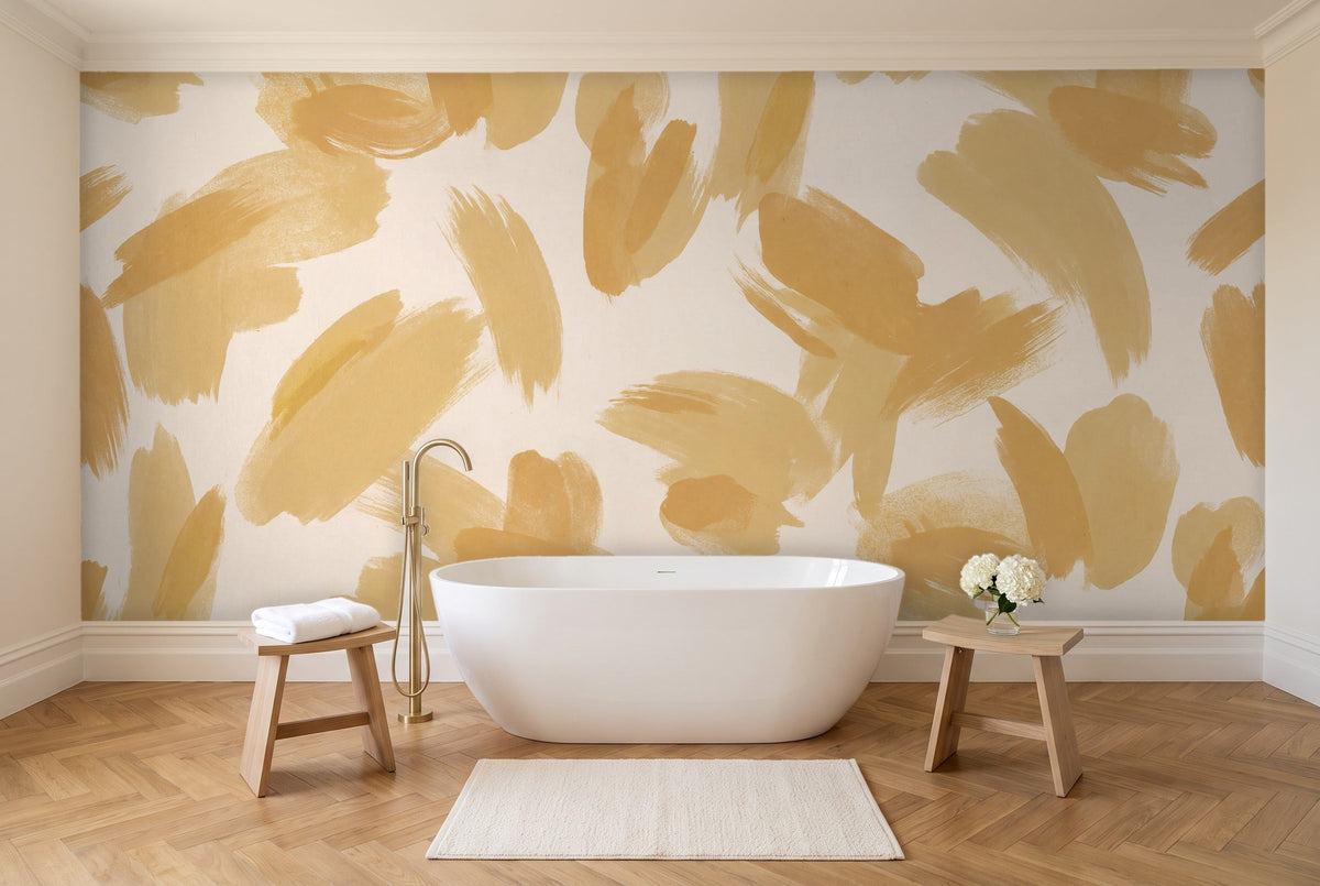 Mustard Brushstroke Abstract Mural in a bathroom