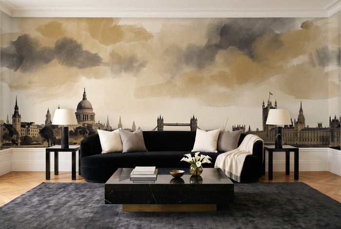 Black And Gold London Cityscape Mural in a living room