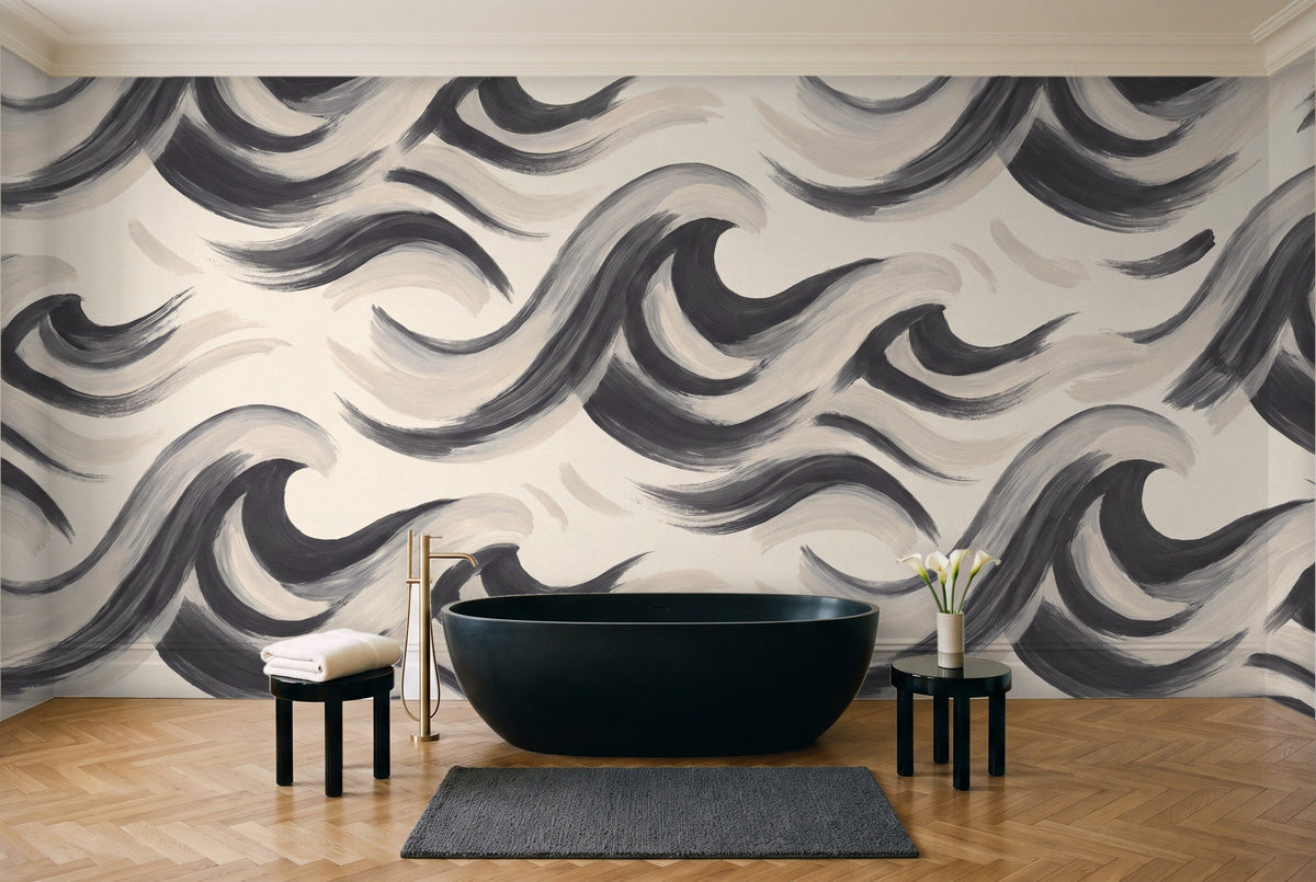 Black And White Wave Abstract Mural in a bathroom