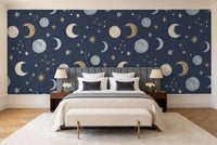 Navy Moon Celestial Mural in a bedroom