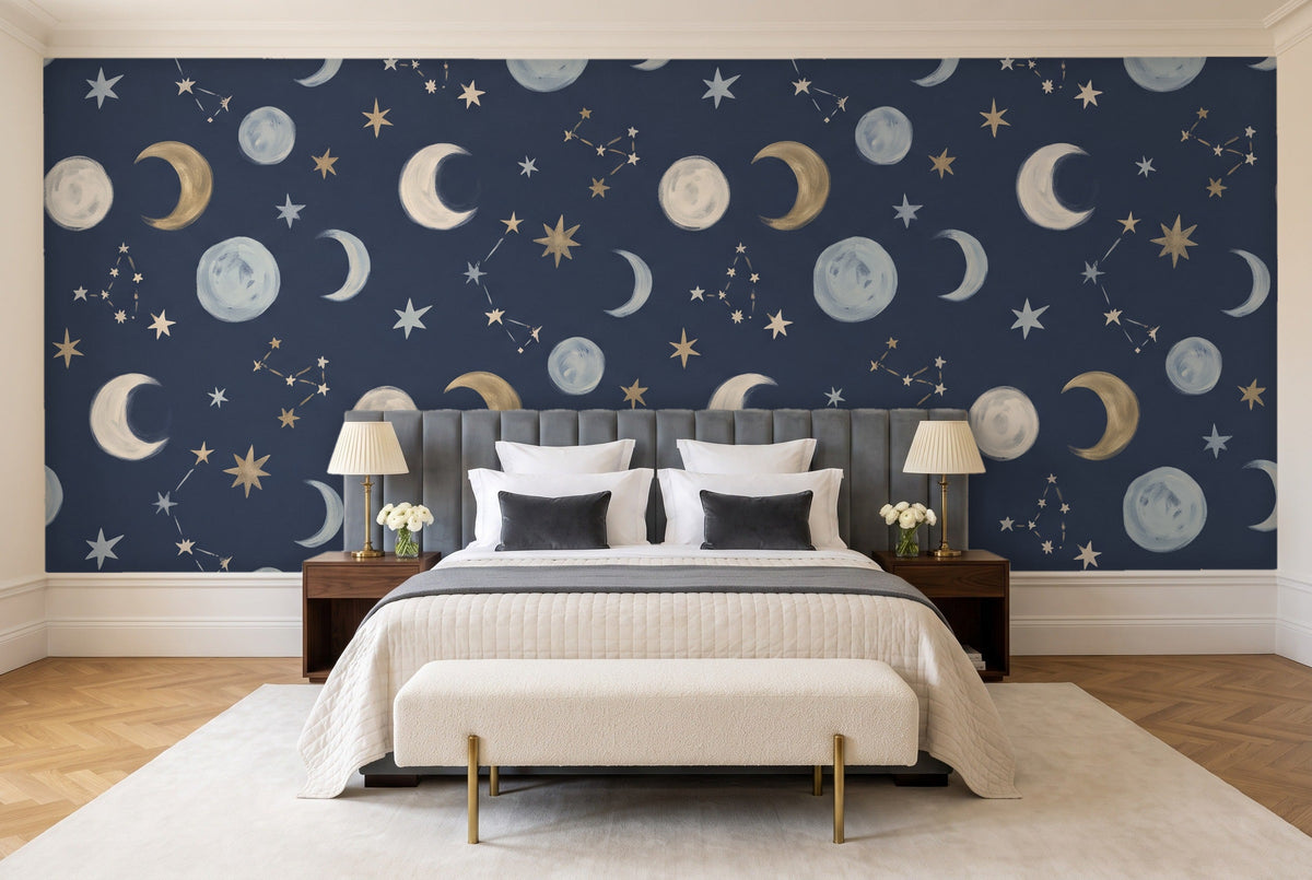 Navy Moon Celestial Mural in a bedroom