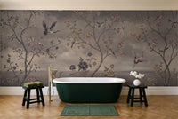 Charcoal Chinoiserie Garden Chinoiserie Mural in a bathroom