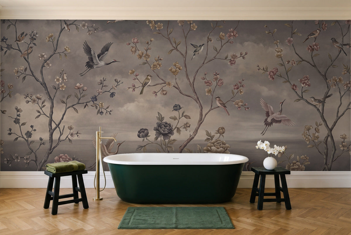 Charcoal Chinoiserie Garden Chinoiserie Mural in a bathroom