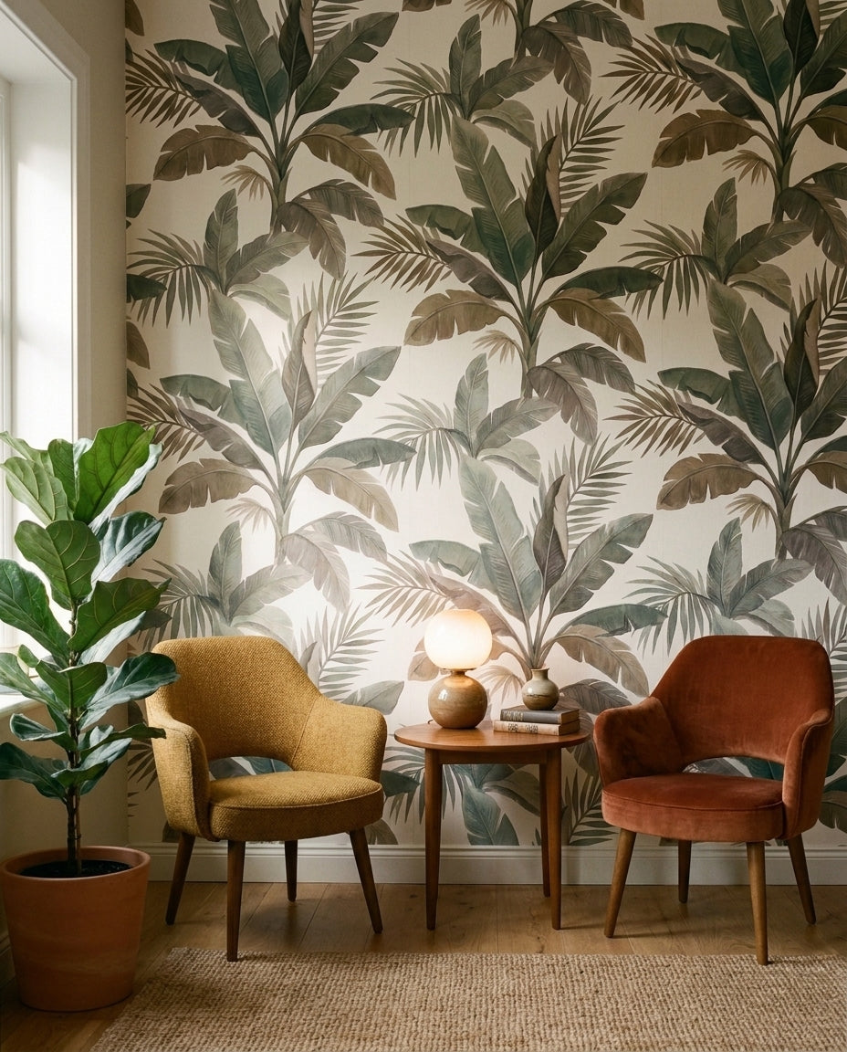Sage Banana-leaf Tropical Mural in an interior