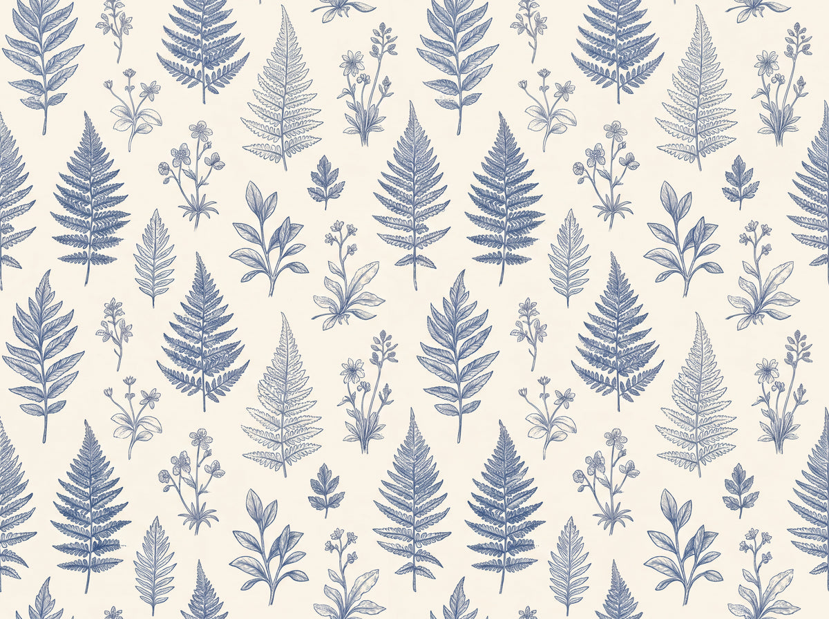 Blue And White Fern Botanical Mural design